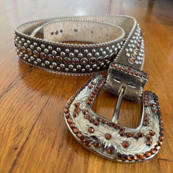BB Simon Belt Womens Silver Brown Crystal Western Cowboy Rhinestone - Picture 1 of 7